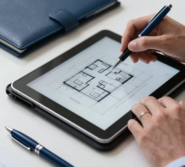 A close-up of a project manager’s hands using a digital tablet to review building plans. A deep navy leather folder and a steel blue pen lie on a clean white desk.