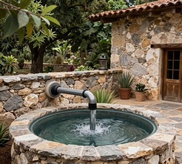 A detailed photograph of a professional rainwater harvesting system integrated into a rustic North American / Mexican farm architecture, surrounded by lush green foliage and gray tan stone walls.