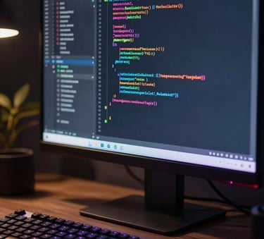 A close-up of a high-tech computer screen displaying code in a dark room, with soft purple ambient light reflecting off the keyboard and a modern desk setup in a South Asian tech hub.