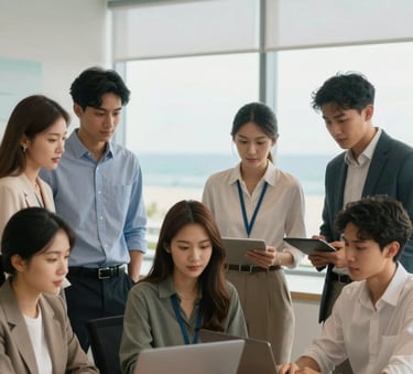A diverse group of young adults in professional attire collaborating in a modern North American / US / Florida educational support office. The scene is bright and professional with muted sand gold and ocean blue color accents.