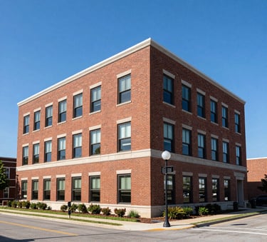 A well-maintained commercial brick office building on a sunny day in a North American suburban business district. The shot is a professional architectural photograph with clear blue skies and clean landscaping.