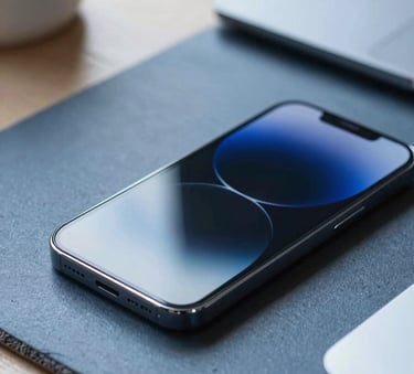 A close-up photograph of a sleek, modern mobile device on a slate blue surface in a minimalist North American / US office setting. Soft, natural light highlights the clean lines of the device. The color palette features navy blue and ice white tones.