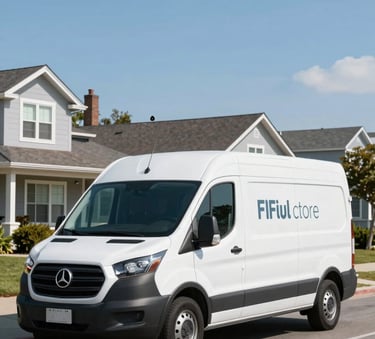 A modern and clean professional service van with subtle branding parked on a tidy North American residential street under a clear sky blue sky. The composition is bright and efficient, exuding trust.