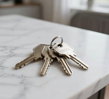 A close-up photograph of a professional set of keys resting on a clean, white marble surface in a modern North American apartment. Soft natural light highlights the metallic texture of the keys and the subtle grey veining of the stone, conveying trust and reliability. Minimalist and high-end aesthetic.