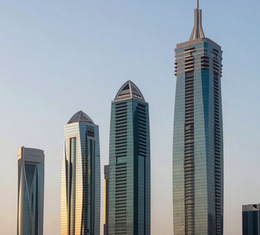 A wide-angle professional photograph of the Jumeirah Lakes Towers skyline, specifically showing Almas Tower during the golden hour. The sky is a soft sky blue and the glass buildings reflect a dark teal hue, capturing the local Middle Eastern / Gulf city environment.