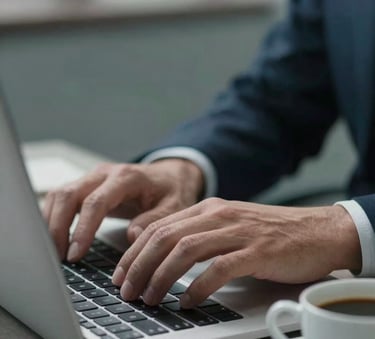 Close-up of professional hands typing on a laptop next to a cup of Brazilian coffee, with blurred soft greyish teal and muted navy blue office tones in the background.
