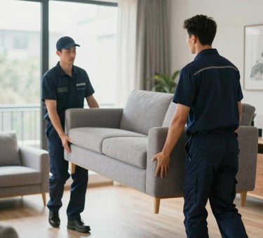 Two professional movers wearing navy uniforms (#0F1A2A) carefully lifting a modern sofa in a well-lit, premium apartment. The atmosphere is calm and professional, with colors #4A6D8C and #F7F4EF visible in the decor.