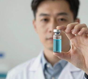 A close-up photograph of a professional health specialist in a white lab coat holding a glass vial with sky blue liquid against a soft pearl background. The lighting is crisp and sterile, projecting authority.