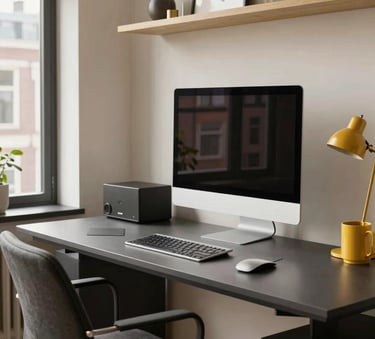 A sleek modern workstation in a Western European / Dutch city apartment, emphasizing clarity, productivity, and golden yellow accents in the decor.