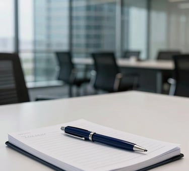 A sophisticated, blurred background of a glass-walled meeting room in a high-rise building. In the sharp foreground, a clean white desk holds a notebook and a Deep Navy Blue pen, representing organization and professional financial planning.