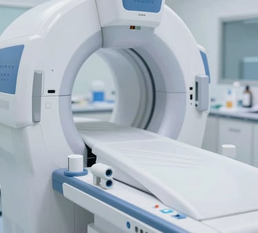 Close-up of a high-tech medical scanner in a clean, clinical setting. The lighting is crisp and modern, featuring corporate blue highlights (#3A6B8B) and white surfaces. Cutting-edge healthcare aesthetic.