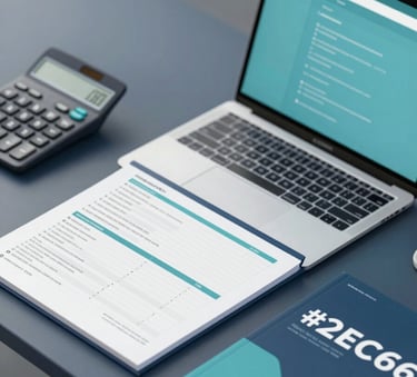 A high-angle shot of a modern, clean desk with a high-end laptop, a sleek calculator, and professional accounting ledgers, incorporating the #2E5C6E teal and #0A1C29 dark blue tones for a sophisticated vibe.