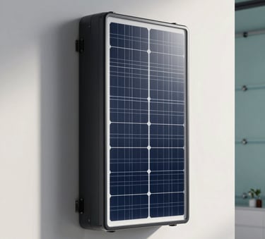 A sleek, modern wall-mounted solar battery system in a clean, minimalist garage with soft cloud white walls and muted teal accents.