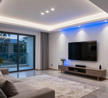 A contemporary residential living room in a North American / US home with sophisticated recessed lighting and modern power systems, bright white and electric blue lighting.