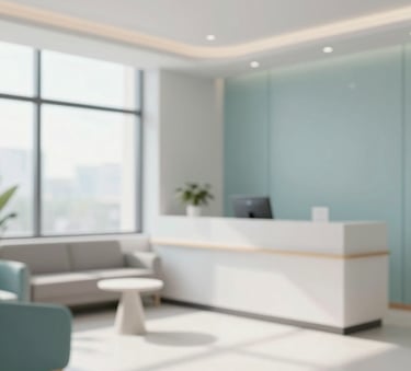A wide shot of a bright, minimalist reception area of a modern medical clinic. Natural light through large windows, comfortable seating, and walls in #F2F6F8 with subtle #427B9B accents. Professional and serene atmosphere.