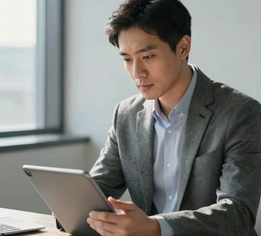 A professional business consultant in a bright office looking at a tablet, soft grey and muted blue office decor, minimalist business style, natural morning light.