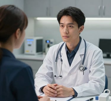 A doctor in a premium clinic having a professional consultation with a patient, modern steel gray and navy blue medical setting, soft lighting, Global / International Medical Tourism style.