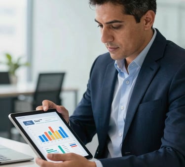 A Latin American business professional reviewing digital sales funnel charts on a tablet in a bright, modern corporate office. The setting is clean and innovative with a palette of dark navy and light blue accents.