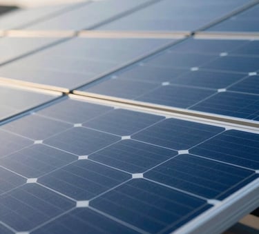 A close-up of high-tech solar panels with clean, geometric lines under a soft, morning light. Minimalist composition with cold blue tones and silver accents, reflecting a premium engineering aesthetic similar to high-end automotive design. Colors involve shades of #34495E and #007BFF.