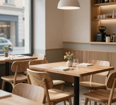 A modern, cozy Scandinavian-style restaurant interior in a Western European city with light wood furniture, minimalist decor, and soft ambient morning lighting.