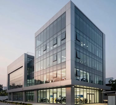 A professional photograph of a modern automotive R&D center in Pune, South Asian / Indian architecture, clean industrial glass and steel exterior, twilight lighting.
