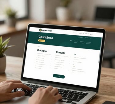 A professional web developer working on a high-end laptop in a modern Casablanca office. The screen shows a sophisticated website layout. The lighting is warm and natural, incorporating the brand colors #0F3D4D and #E9C46A in the office decor and interface.