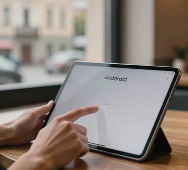 A close-up photograph of hands interacting with a high-end Android tablet in a cozy urban cafe in Ukraine. The background shows blurred architectural details of Kyiv through a window. Natural morning light, professional and serene atmosphere.