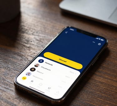 A close-up photograph of a sleek, premium smartphone resting on a dark wood desk in a sunlit North American office. The screen displays a sophisticated and clean mobile application interface with deep blue and yellow accents.