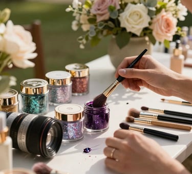 Close-up of a high-end face painting station at a Southern European garden party, featuring premium glitter jars, professional brushes, and elegant floral decorations under warm natural sunlight.