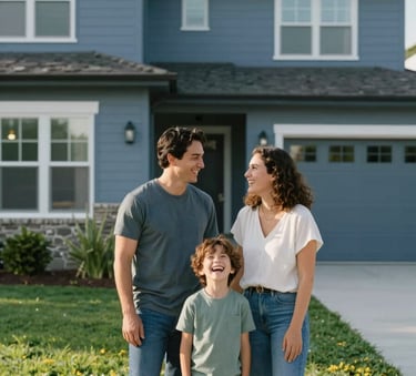 A happy North American / US family, a couple and a child, laughing in front of a modern suburban house with a well-maintained garden in bright afternoon sun, incorporating Steel Blue and Trust Green tones.