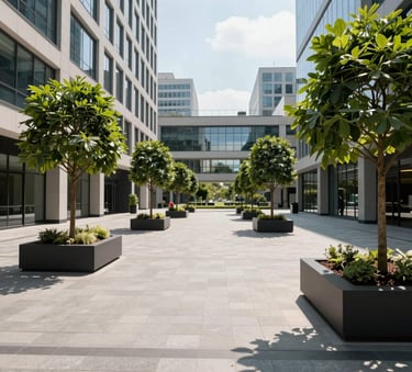 Wide-angle photography of a clean paved commercial courtyard with elegant planter boxes and manicured trees in a Central European business district, high-quality maintenance, bright day.