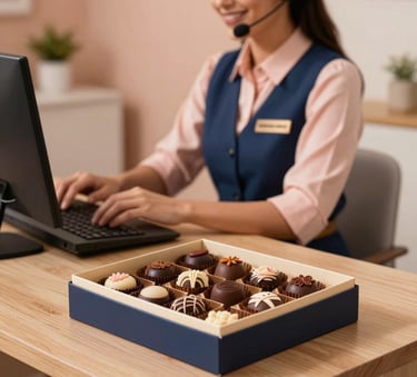 A professional Brazilian workspace with a smiling attendant wearing a headset. In the foreground, a beautifully presented box of gourmet sweets is placed on a light wood desk. The lighting is warm and inviting, using soft peach and navy blue tones.
