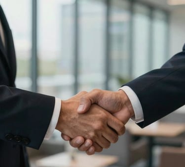 A close-up shot of a professional handshake between two partners in a corporate lounge. Soft Brazilian daylight filters through glass walls. The mood is trustful and successful.
