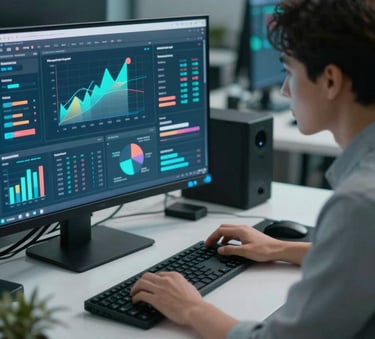 A professional in a modern North American workspace analyzing vibrant digital marketing dashboards. Soft cyan glows illuminate the desk and premium tech equipment.