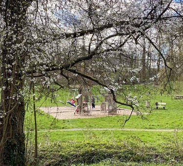 aire de jeu avec structure pour enfant, au milieu de la nature verdoyante