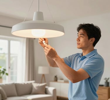 A professional electrician in a clean soft blue polo shirt installing a modern pendant light in a bright North American living room, warm morning light, approachable and safe atmosphere.