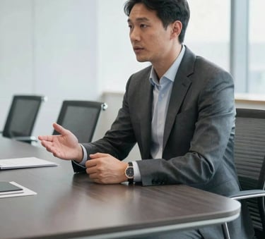 A professional consultant in a sharp suit discussing strategy in a bright, modern North American / US boardroom with dark charcoal grey furniture and natural light, featuring clean lines and a professional atmosphere.