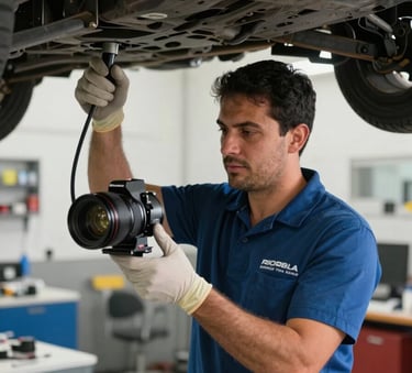 A professional technician performing a vehicle chassis inspection in a clean, modern workshop in a South American setting, focused lighting, professional atmosphere.