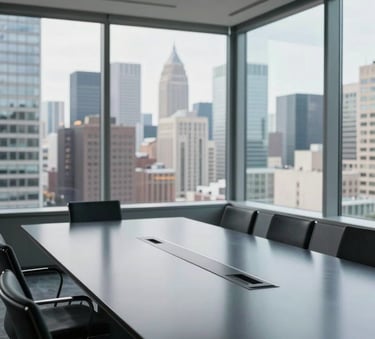 A minimalist and high-end conference room in a North American / US metropolitan city. The composition overlooks a cityscape through large windows, with a sleek dark navy table reflecting professional expertise and a results-oriented atmosphere.