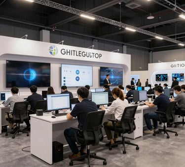 Two professionals in business attire shaking hands in a bright, modern office with glass walls, reflecting Deep Charcoal Navy and Crisp Mist White.