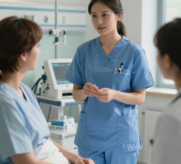 A professional registered nurse in a medium blue uniform talking kindly with a patient in a modern, sunlit hospital ward in London, UK. The atmosphere is calm and reassuring, with high-quality medical equipment visible in the background.