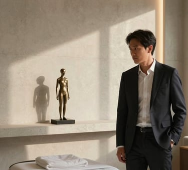 A sophisticated professional setting in a modern Italian wellness consulting space. Soft shadow lines on a warm white concrete wall, minimalist bronze sculpture on a shelf, absolute luxury and calm atmosphere. Warm side lighting, editorial style, high contrast, representing professional coaching and cognitive profiling excellence.
