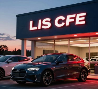 A modern car dealership showroom in Texas at dusk, soft red and deep navy blue ambient lighting, very premium and clean atmosphere.