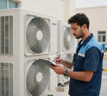 A professional technician wearing a neat uniform inspects a large commercial air conditioning unit in a modern building in Sharjah, Middle Eastern / Gulf setting, clean composition with soft natural lighting and navy blue and light blue accents.