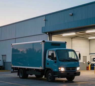 A clean, modern logistics hub with a focus on a delivery vehicle departing at twilight. The scene is shot in a North American / Global industrial district, utilizing a professional palette of dark teal and light blue-grey tones.