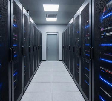 A secure, high-tech data center hallway in a North American facility with sleek steel panels and soft blue accent lighting, wide angle shot.