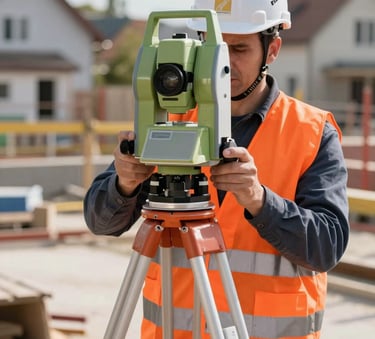 A professional construction worker in a white hard hat with a Goldmann logo and a bright orange safety vest, operating a high-precision surveying station on a tripod. The scene is a Central European / German suburban construction site during a clear day, emphasizing precision and modern infrastructure technology.