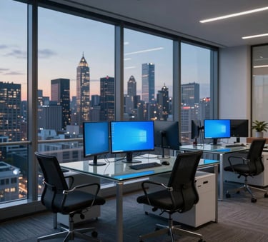 A sleek, professional North American office interior with floor-to-ceiling windows looking out onto a city skyline at dusk, featuring a minimalist glass desk and high-tech monitors glowing with blue light.