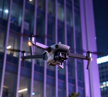Close-up of a high-tech professional drone cleaning a glass facade of a modern European skyscraper at night, illuminated by soft violet and blue neon lights, sleek and cinematic style.