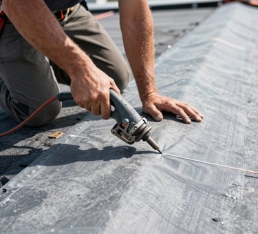 A close-up photograph of a professional roofer using a heat-welding tool on a grey TPO roofing membrane in North American / US - New Jersey. The scene shows the industrial texture of the waterproof material under bright daylight.
